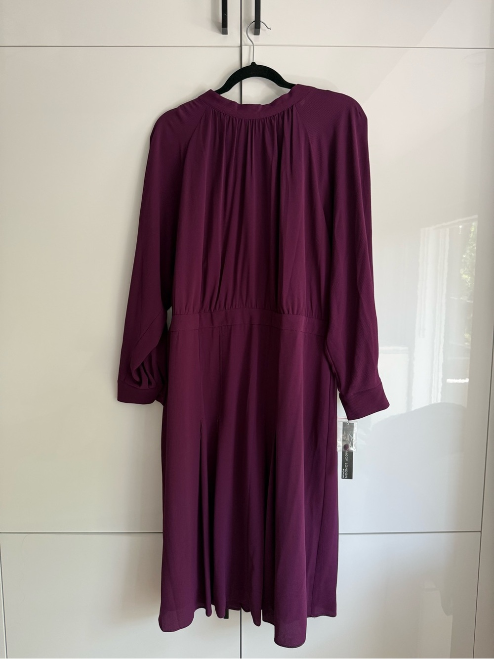 Maggy London Long Sleeve Midi Dress in Plum with Back Neck Bow Tie
